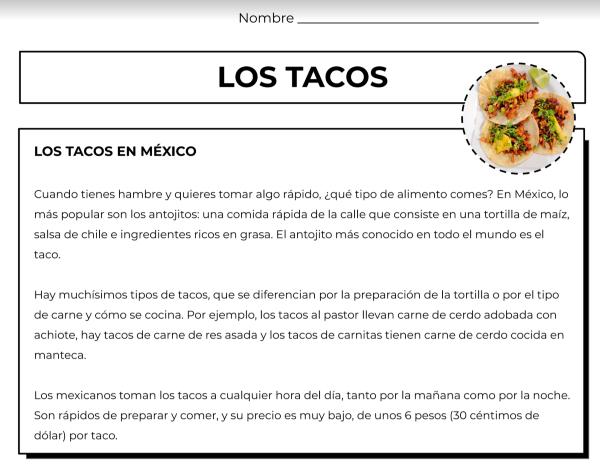 Short reading about tacos in Mexico