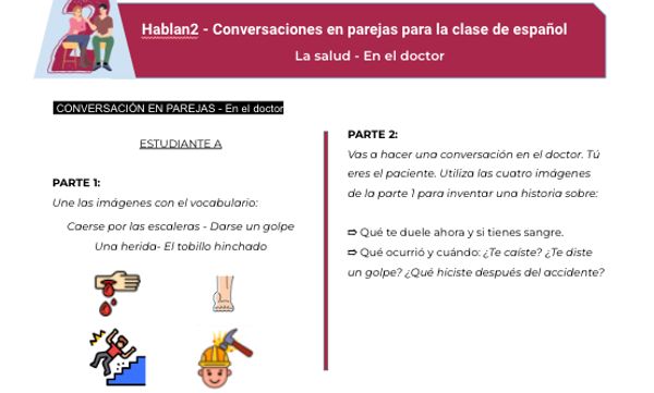 Pair work speaking activity for Spanish students about health and doctors