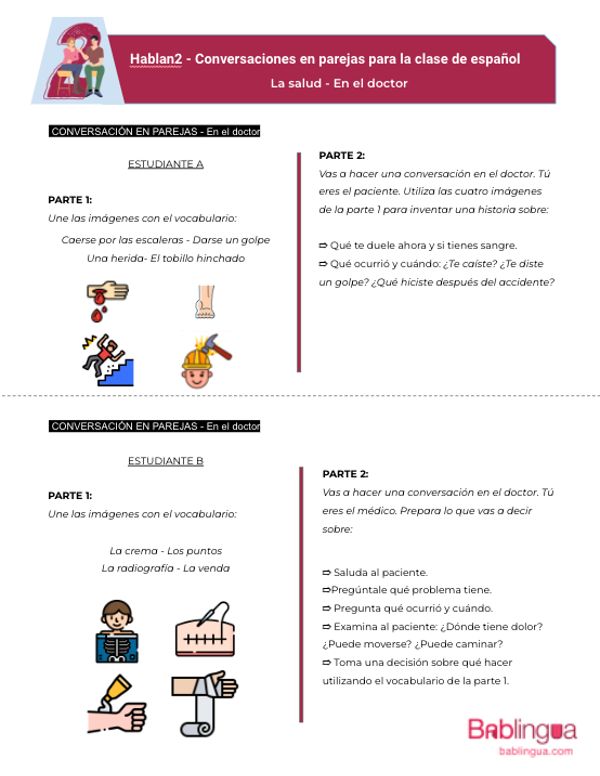 Printable pair work activity to to keep a conversation in Spanish with a doctor