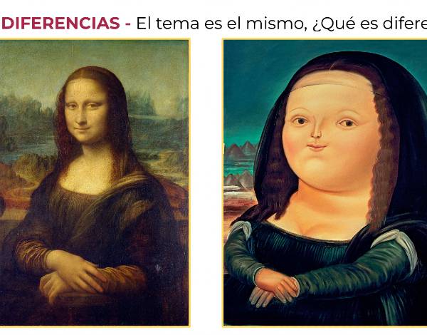 Two versions of the Mona Lisa painting: Da Vinci's and Botero's