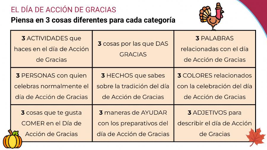 A Spanish activity divided in 9 categories. Students have to answer the question from each block