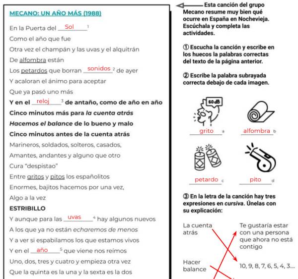 A Spanish printable worksheet about Mecano's song Un año más