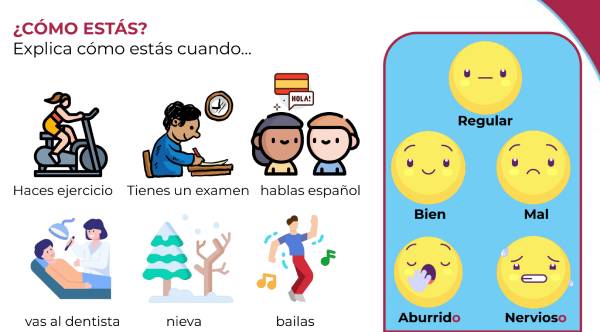 An activity to teach Spanish showing several situations and five different emojis that represent feelings