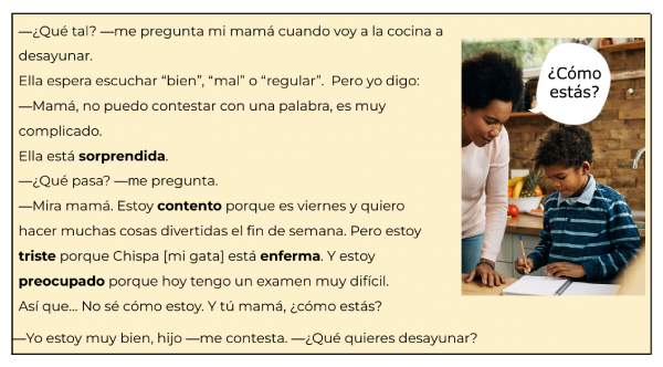 An extract from a Spanish worksheet with a text about feelings and emotions.