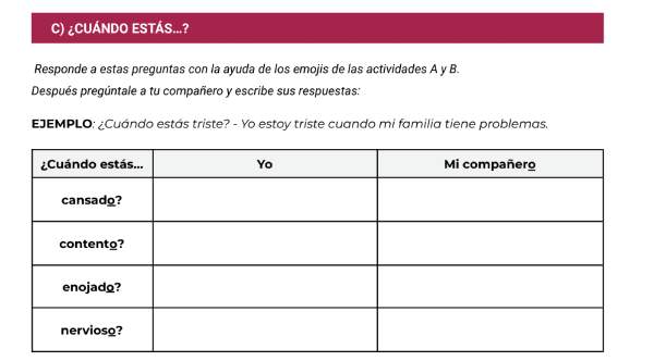 An extract from a Spanish worksheet showing a chart about feelings that students need to fill out in pairs