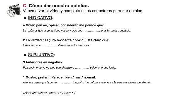 Spanish worksheet with questions about how to use the right tense when giving opinions