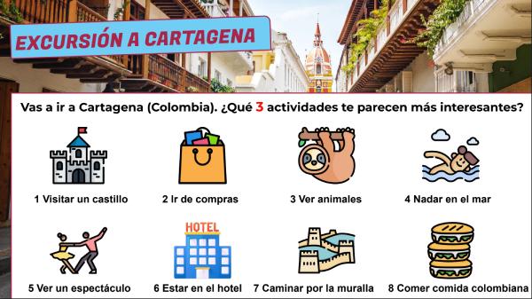 A photo of Cartagena (Colombia) and 8 icons showing different activities tourists can do there