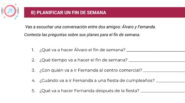 A Spanish listening comprehension activity showing some questions about weekend plans