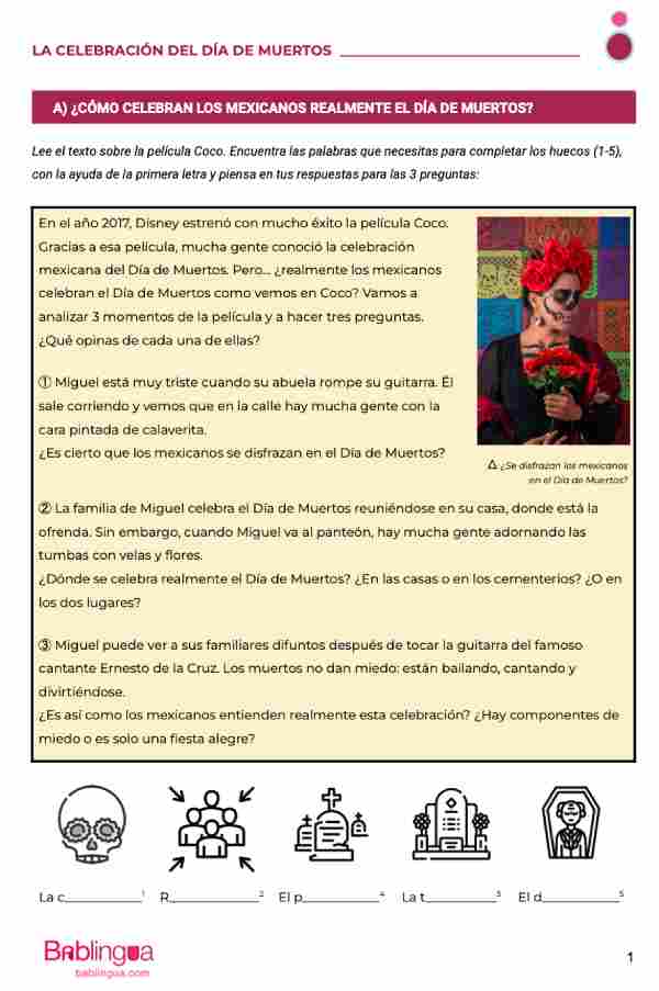 A text for Spanish learners about the celebration of the Day of the Dead, with a vocabulary activity