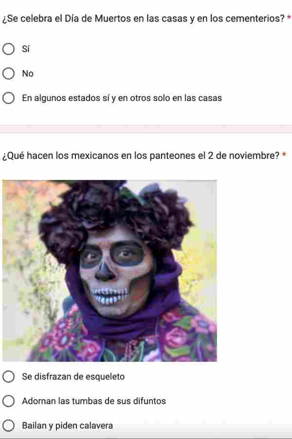 A self-grading quiz about the Day of the Dead that uses Google forms