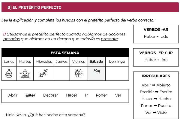An activity for Spanish learners about how to use the pretérito perfecto