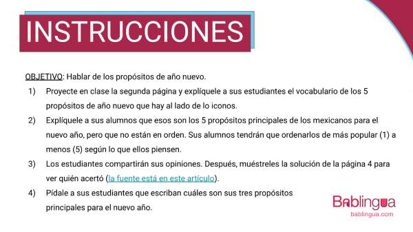 The instructions for a Spanish warm-up activity about New Year's resolutions