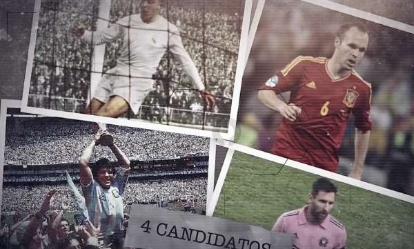 An extract from a video featuring 4 famous Hispanic soccer players: Leo Messi, Maradona, Andrés Iniesta and Alfredo Di Stéfano