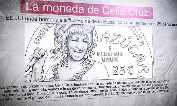Un periódico con la noticia de una moneda con la imagen de Celia Cruz