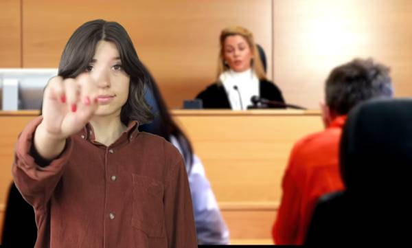 A woman saying no, with the background of a trial
