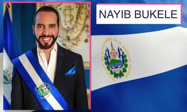 The flag of El Salvador with Nayib Bukele, president of the country
