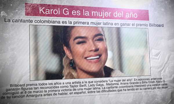 A newspaper in Spanish about 2024 Billboard Woman of the Year award, won by Karol G