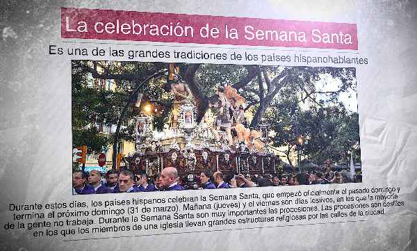 A Spanish newspaper showing a procession and the headline: "La celebración de la Semana Santa"