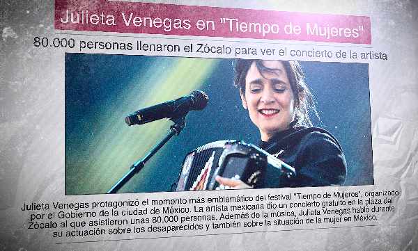 A newspaper with the image of Mexican singer Julieta Venegas and the headline: Juieta Venegas en "Tiempo de Mujeres"