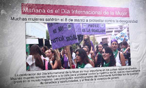 Women protest on 8 March, celebrating International Women's Day in a Spanish-speaking country