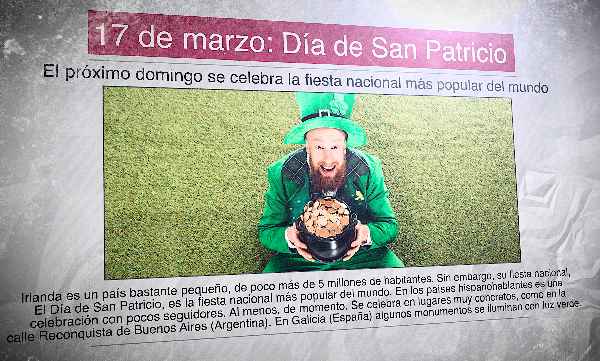 A Spanish newspaper with a picture of St. Patrick's Day celebration