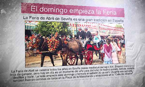 Un periódico español con la imagen de una carroza durante la Feria de Abril y el titular: "El domingo empieza la Feria"