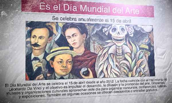 A Spanish newspaper with an image of a Diego Rivera painting and the headline "Es el Día Mundial del arte"