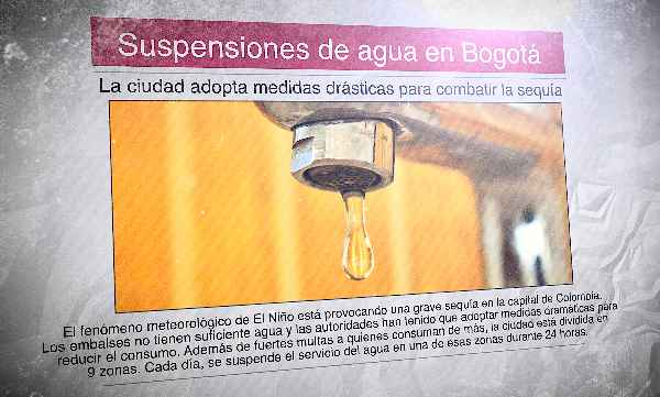 A Spanish newsletter with the image of a faucet and the headline: "Suspensiones de agua en Bogotá"