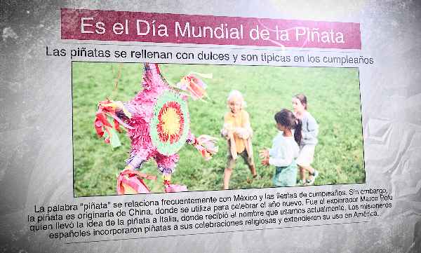 Un diario con una foto de unos niños y una piñata y el titular "Es el Día Mundial de la Piñata"