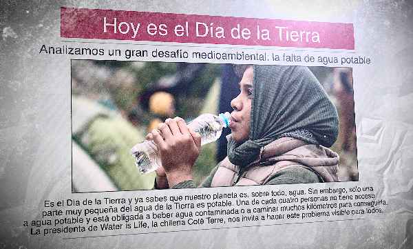 A Spanish newspaper shows a refugee drinking water and the headline: "Hoy es el Día de la Tierra"