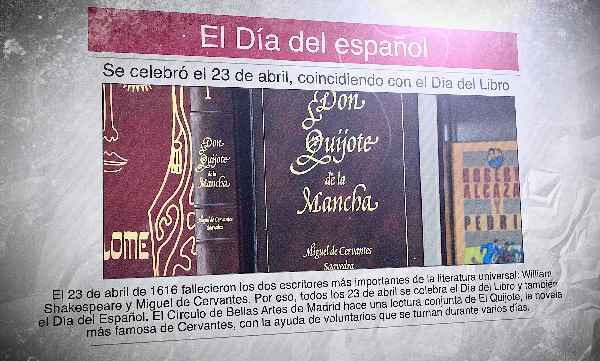 Un periódico en español con una foto del libro Don Quijote y el titular: "El Día del español"