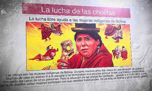 A Spanish newsletter with the image of a cholita luchadora and the headline: "La lucha de las cholitas"