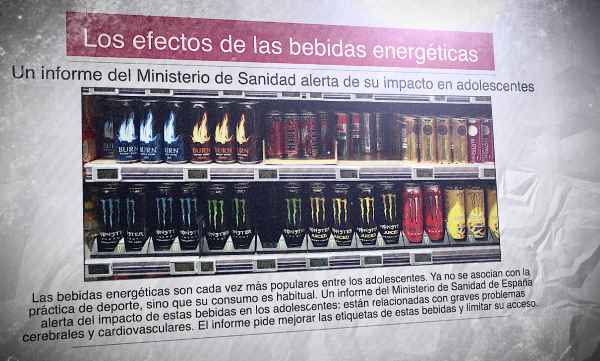 Un periódico en español con una foto de varias bebidas energéticas y el titular: "Los efectos de las bebidas energéticas"