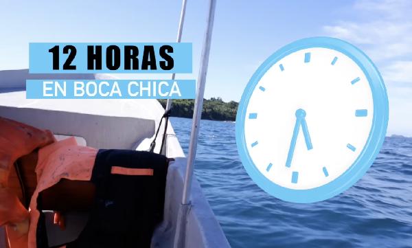 A ship on the ocean, a clock and the words 12 horas en Boca Chica