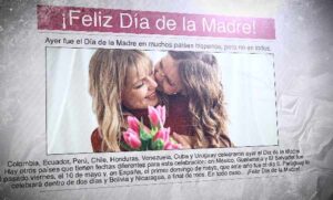 A Spanish newspaper with a photo and a mother, daughter and some flowers, as well as the headline: "¡Feliz Día de la Madre!"
