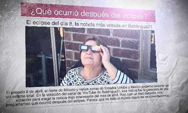 A Spanish newspaper with an image of a woman watching a solar eclipse through protective glasses. The headline reads "¿Qué ocurrió después del eclipse?"