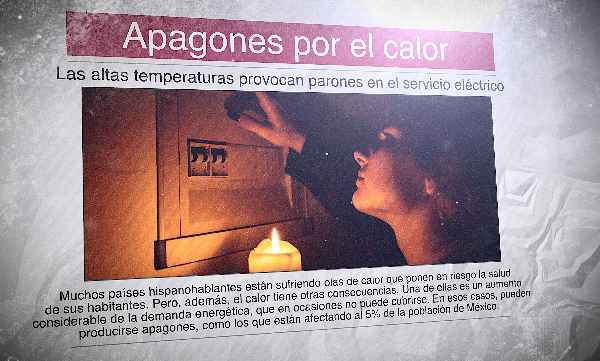 Un diario en español con la foto de una mujer en una casa a oscuras y el titular: "apagones por el calor"