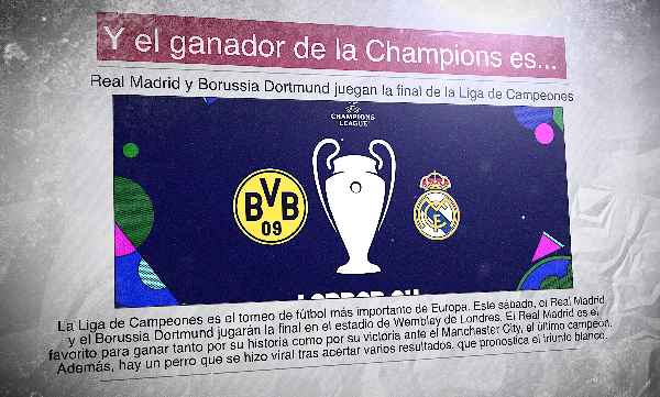 A Spanish newspaper with an image showing the Real Madrid and the Borussia Dortmund soccer logos as well as the headline "El ganador de la Champions es..."