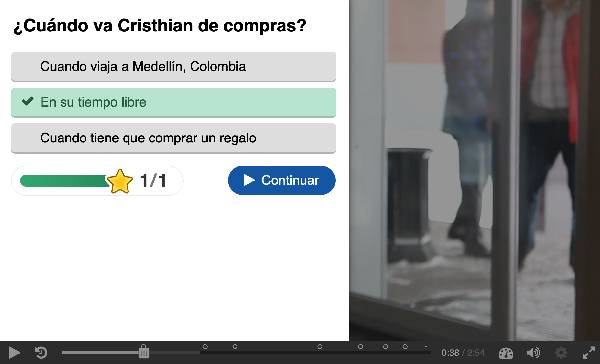 An interactive video for Spanish learners with the question: "¿Cuándo va Cristhian de compras?"