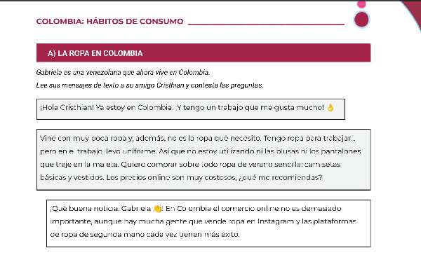 A reading activity about shopping habits in Colombia for Spanish learners