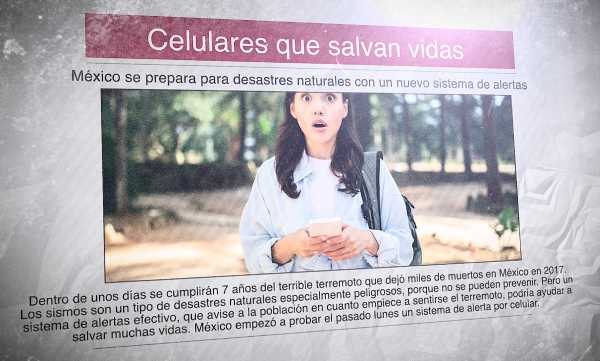 A Spanish newspaper with the headline "Celulares que salvan vidas" and the photo of a shocked woman who holds a cell phone