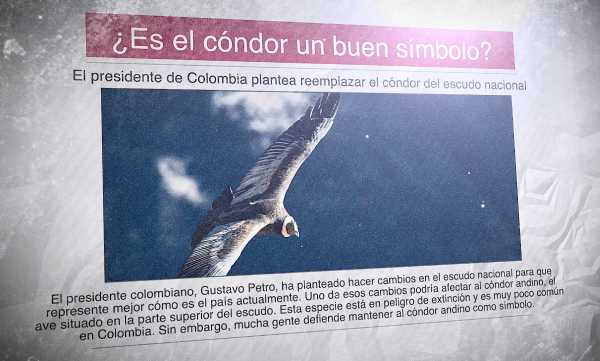 Un diario con el titular: "¿Es el cóndor un buen símbolo?" y la foto de un cóndor andino volando