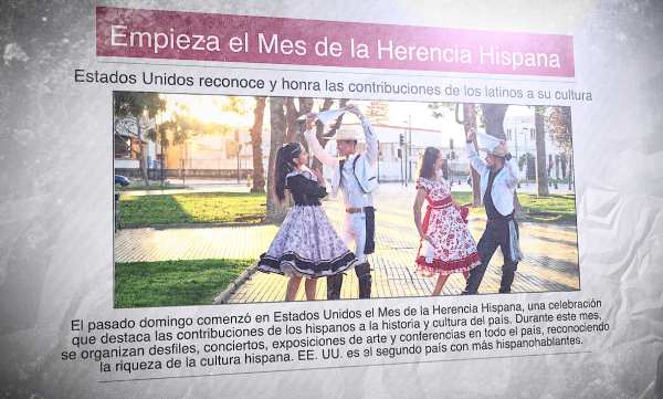 Un diario con la foto de unos bailarines latinos y el titular "Empieza el Mes de la Herencia Hispana"