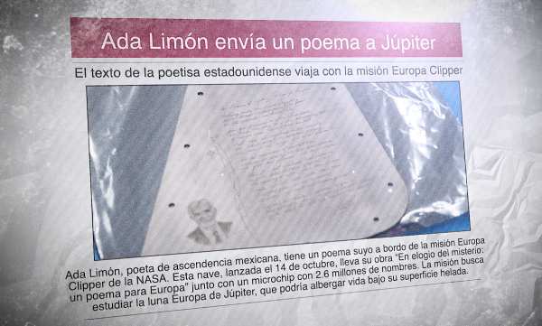 Un diario en español con una foto de una placa de un poema escrito en una placa de metal y el titular: "Ada Limón envía un poema a Júpiter"