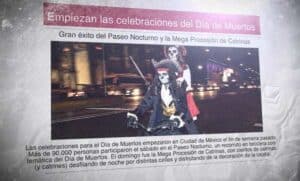 Un diario con la foto de dos personas disfrazadas de esqueleto y montando una bicicleta. El titular dice: "Empiezan las celebraciones del Día de Muertos"