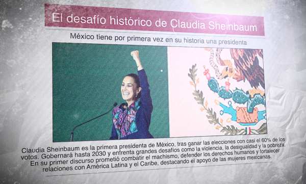 Un diario con una foto de Claudia Sheinbaum levantando el puño y con la bandera de México de fondo. El titular dice: "El desafío histórico de Claudia Sheinbaum"