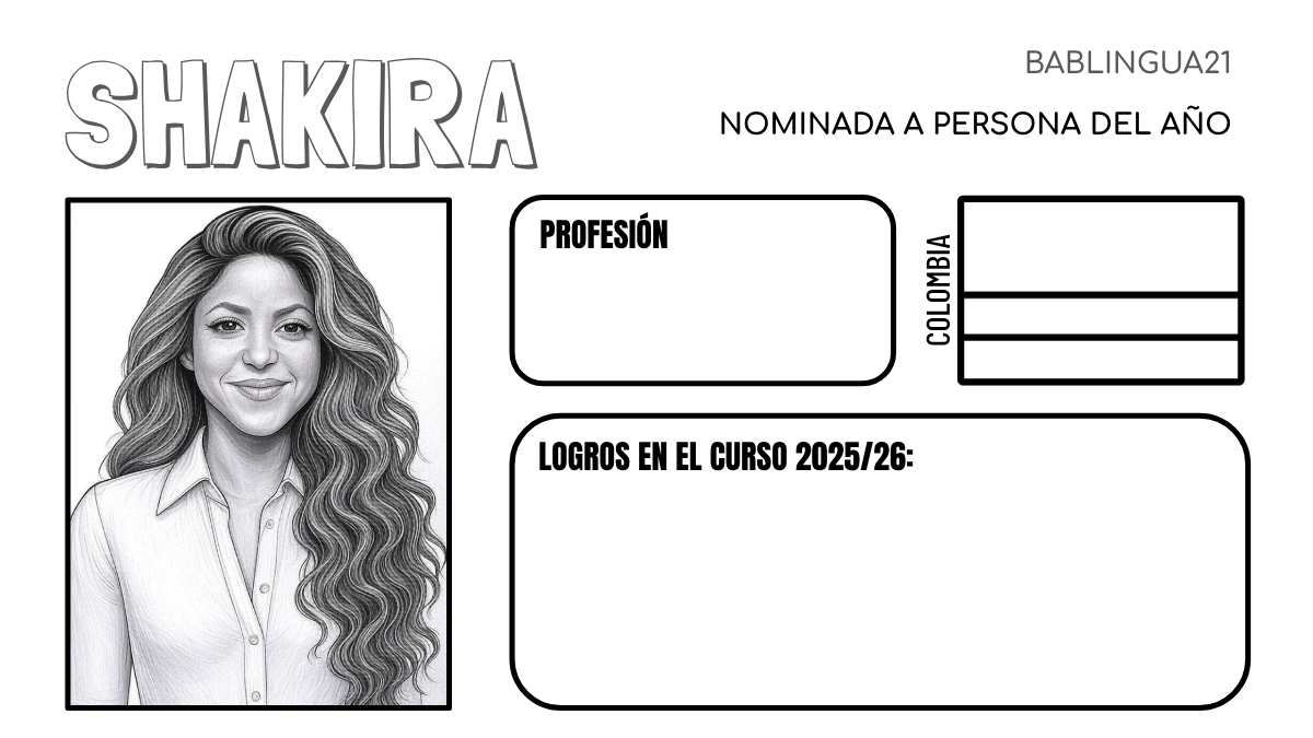 Black-and-white 'Hispanic Person of the Year' coloring poster with blank portrait outline, and space for writing and drawings