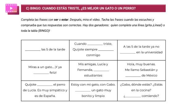 A Bingo game to practice ser and estar while watching a video