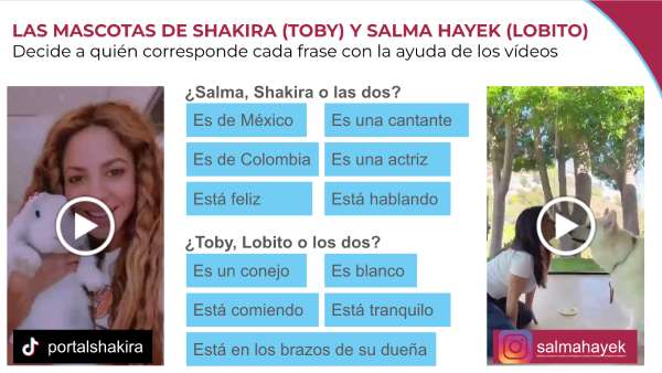 A warm up activity to practice ser and estar while watching videos with Shakira's and Salma Hayek's pets