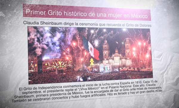 Un diario con la foto de la celebración de la Independencia de México y el titular: "Primer Grito histórico de una mujer en México"